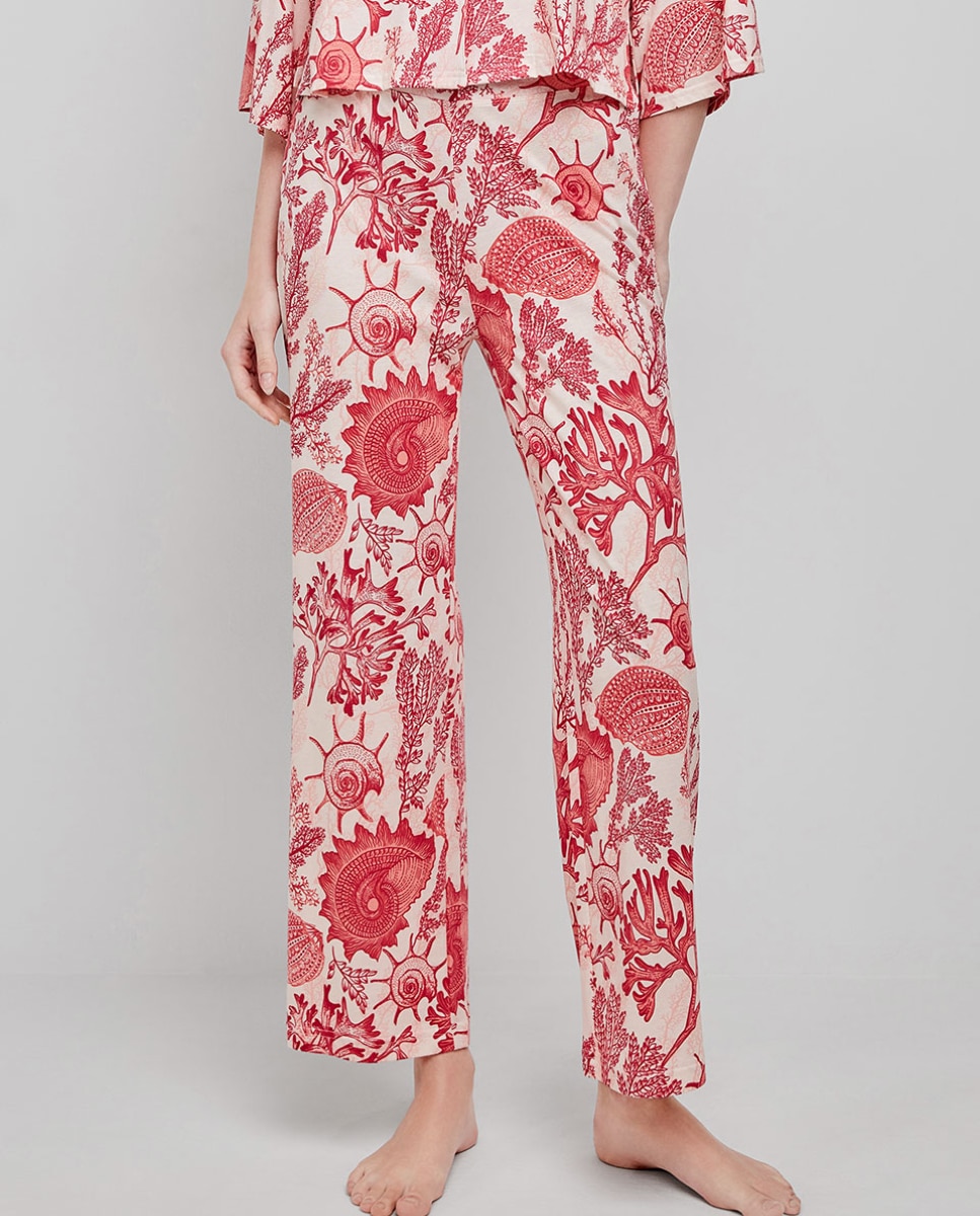 Calças Compridas e Largas em Tecido Estampado de Corais Multicolor-1