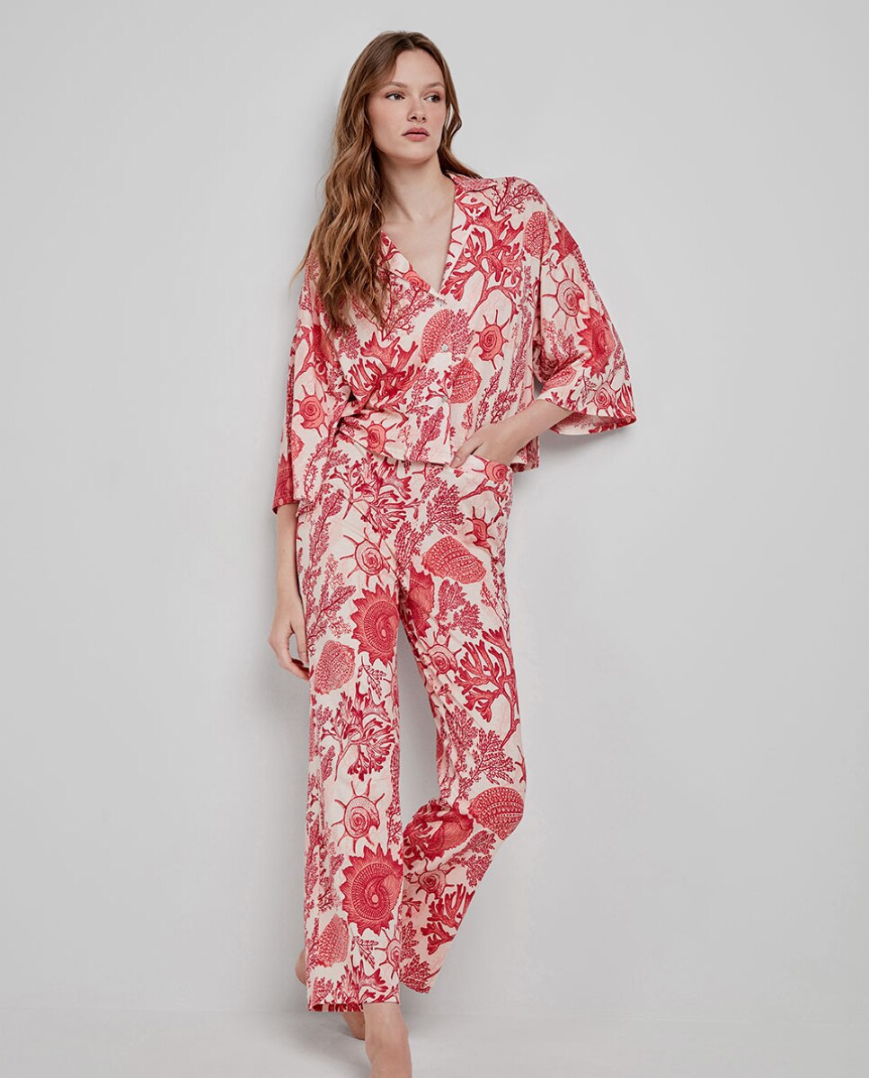 Calças Compridas e Largas em Tecido Estampado de Corais Multicolor-2