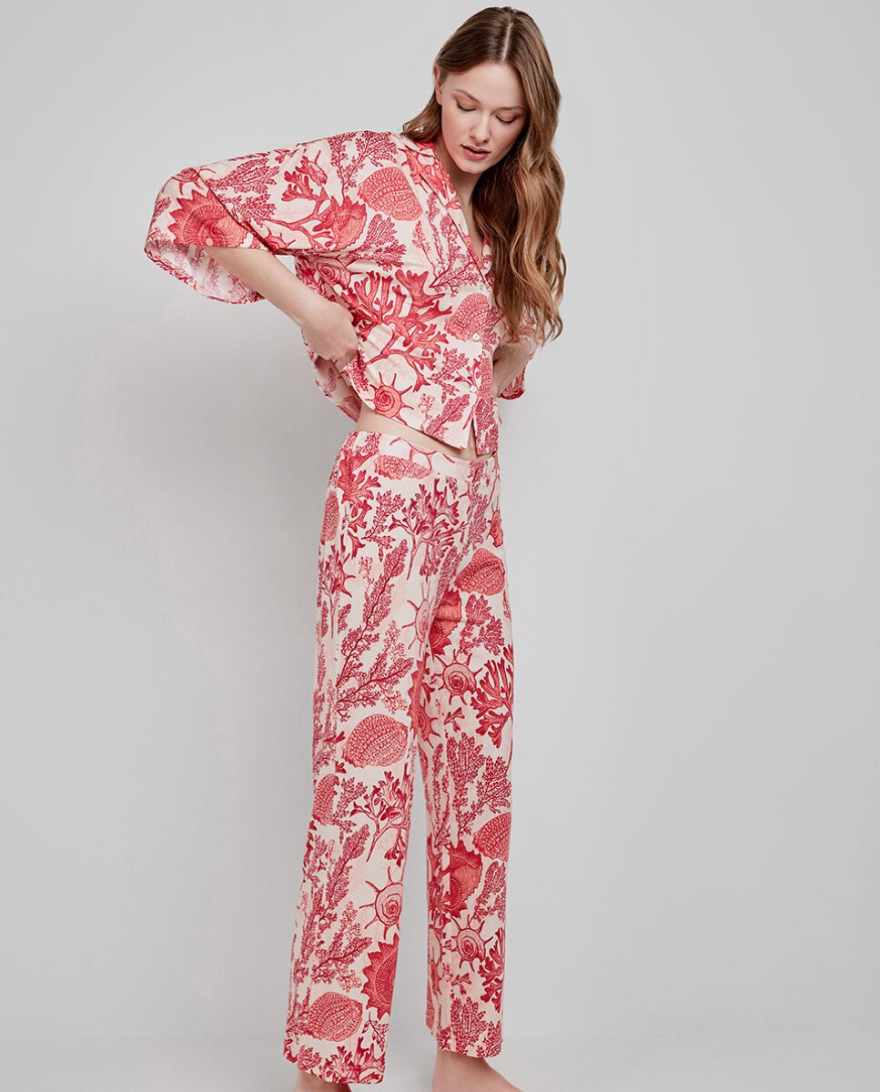 Calças Compridas e Largas em Tecido Estampado de Corais Multicolor-3