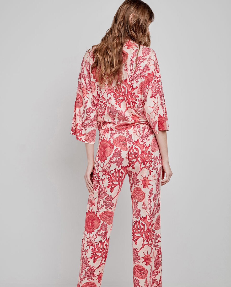 Calças Compridas e Largas em Tecido Estampado de Corais Multicolor-4