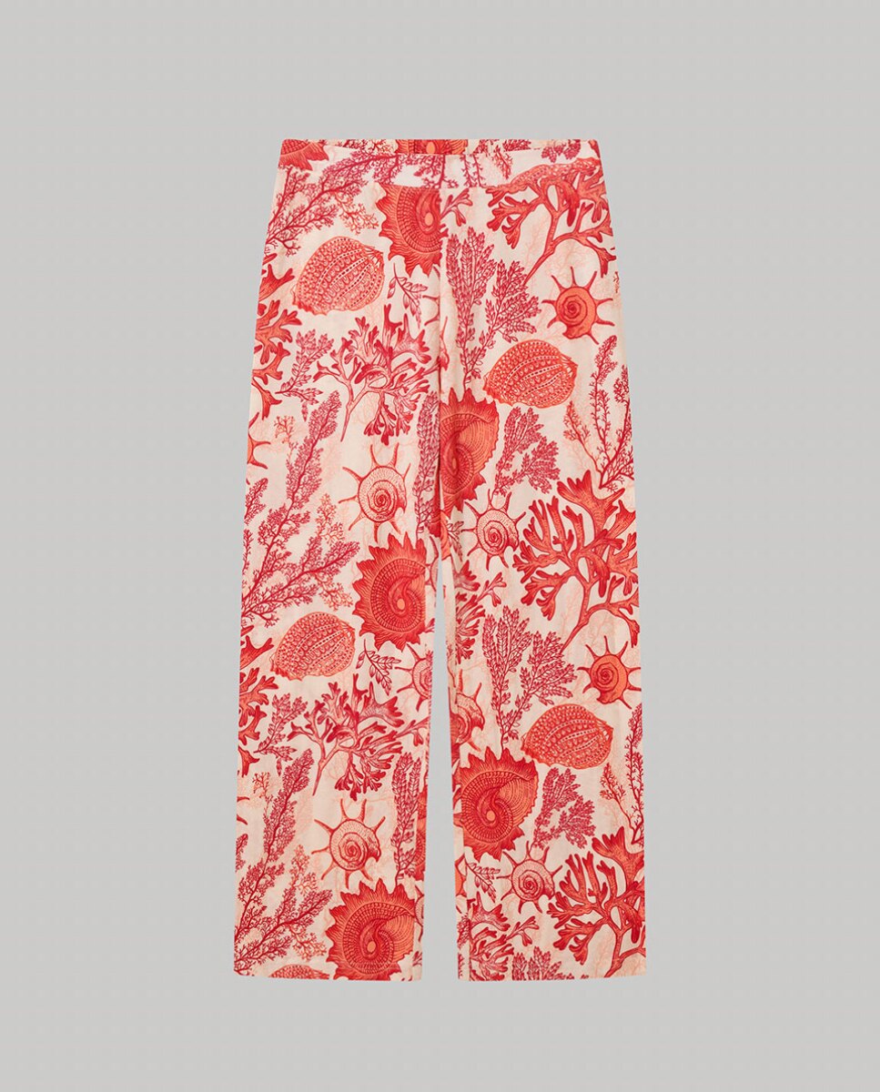Calças Compridas e Largas em Tecido Estampado de Corais Multicolor-5