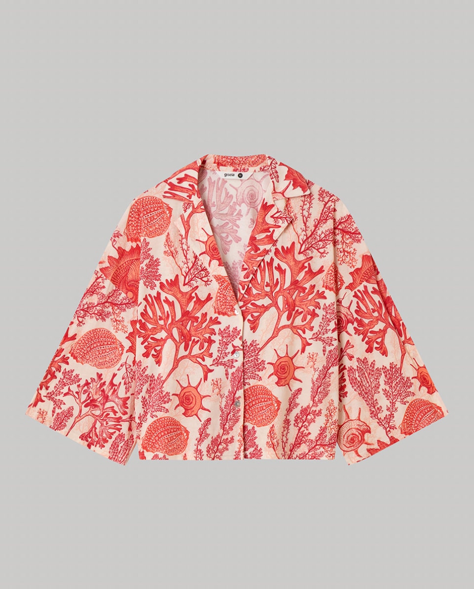 Camisa de Manga Curta e Estampado de Corais Branco / Vermelho-5