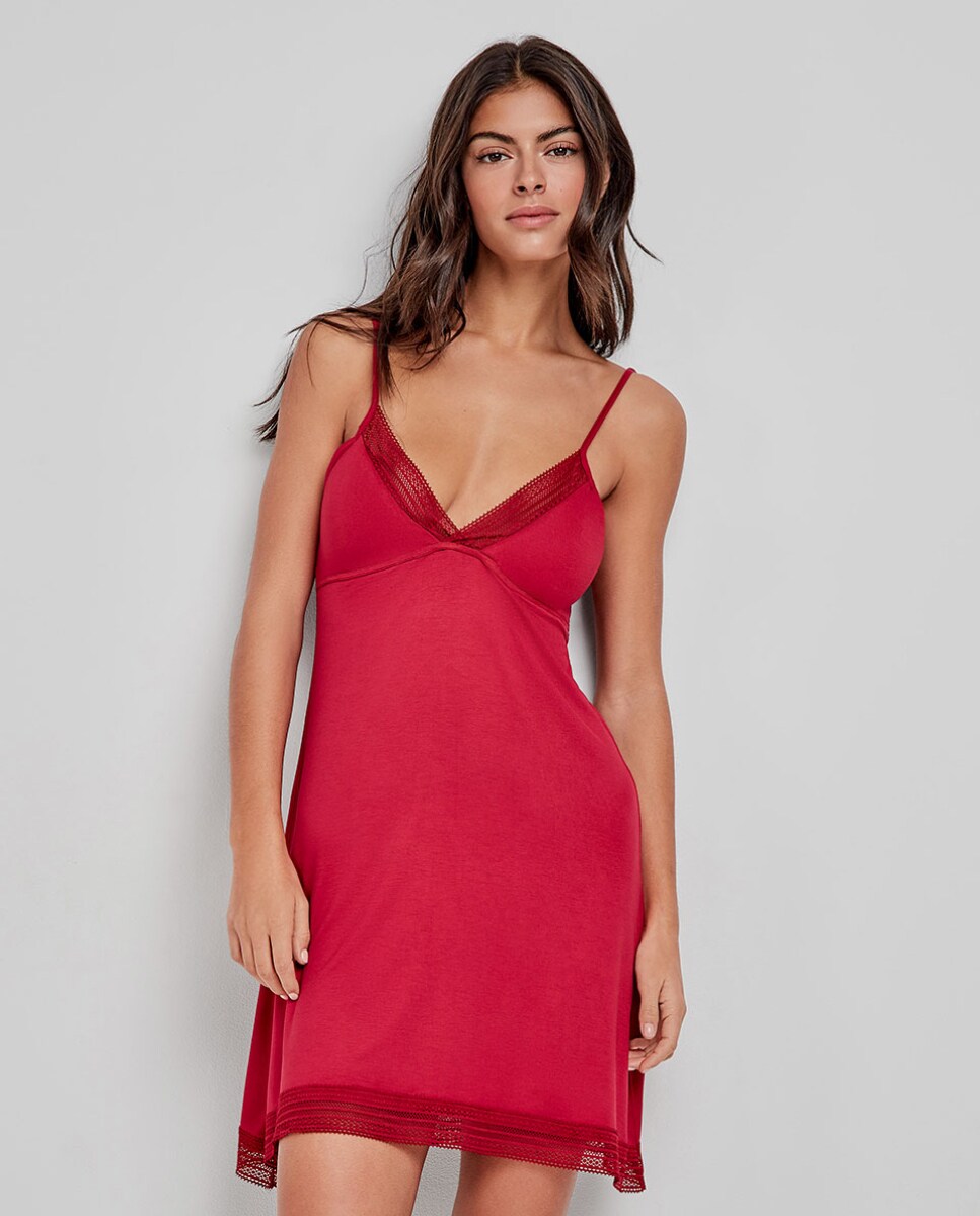 Camisa de Dormir Curta de Alças em Tecido Acetinado Vermelho-2