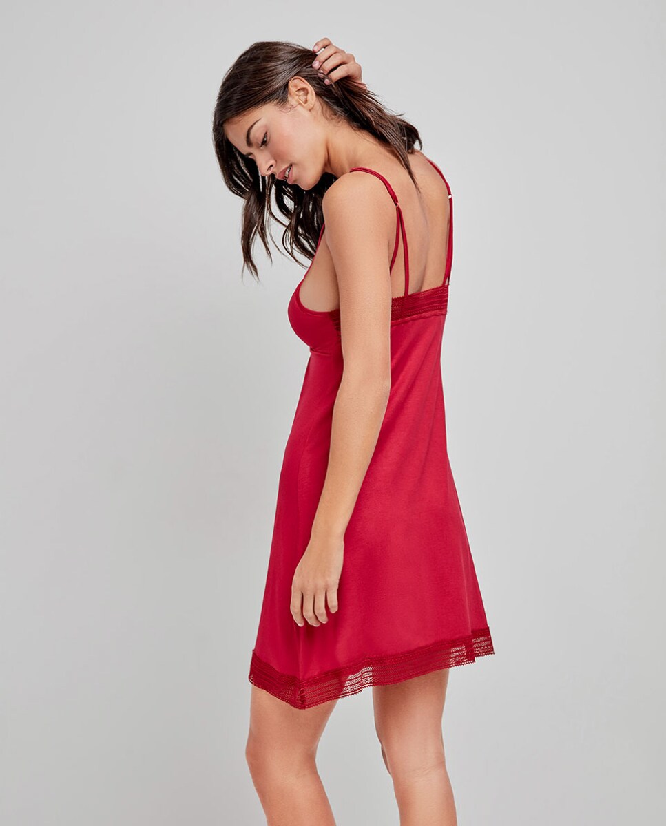 Camisa de Dormir Curta de Alças em Tecido Acetinado Vermelho-4