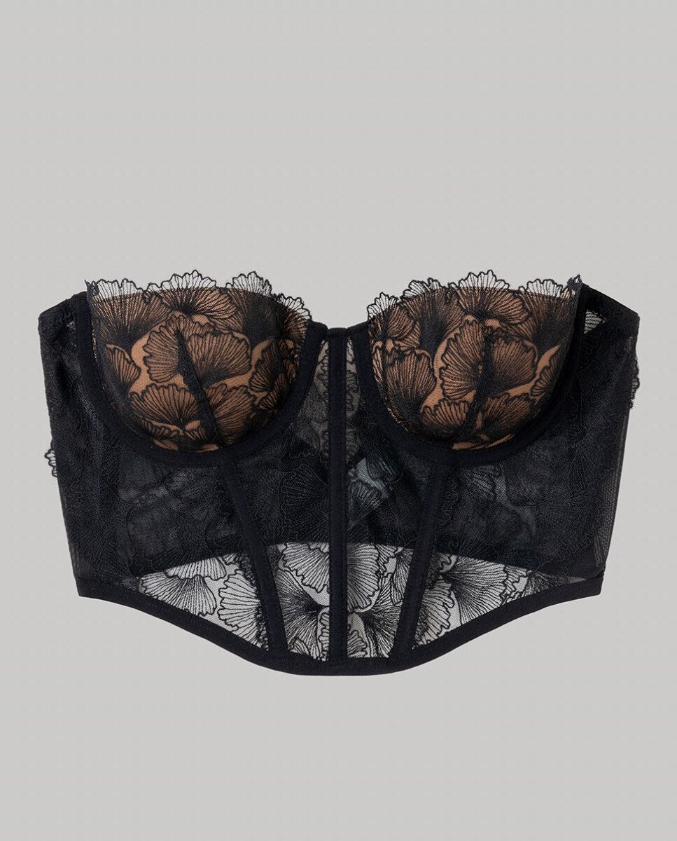 Soutien Bustier de Renda em Tecido Bordado Preto-5