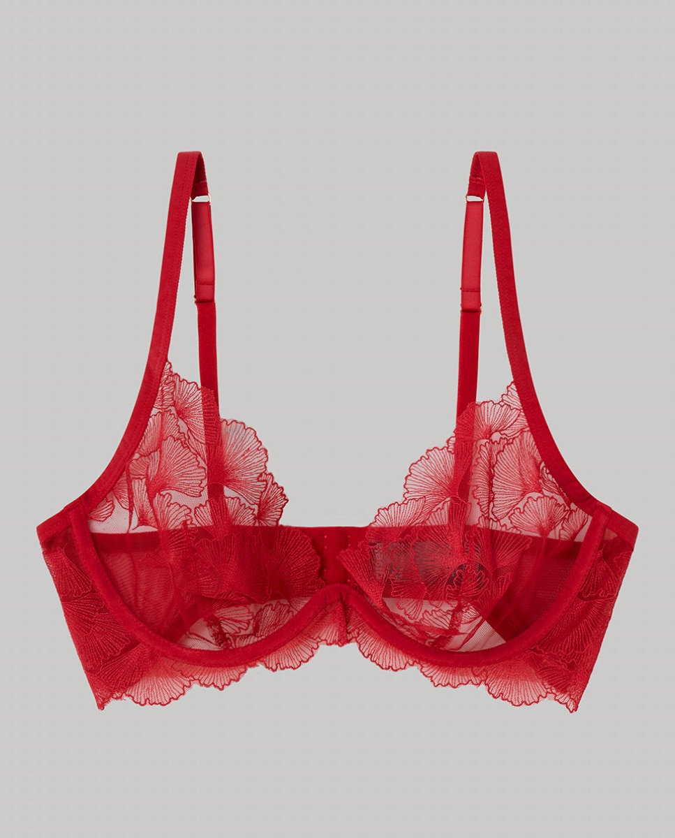 Soutien com Aro e sem Foam em Tecido de Renda Bordada de Flores Vermelho-6