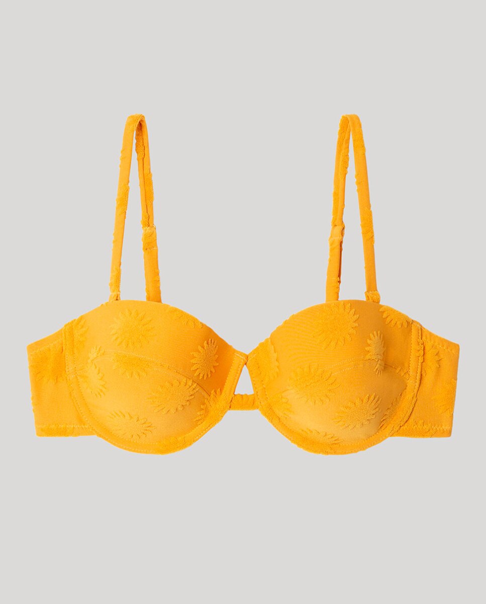Top de Biquíni Bandeau com Aro e Foam Jacquard Mostarda-6