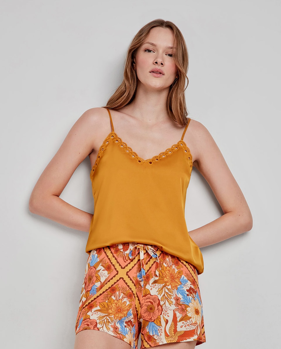 Calças de Pijama em Tecido Acetinado e Estampado Oriental Multicolor-2