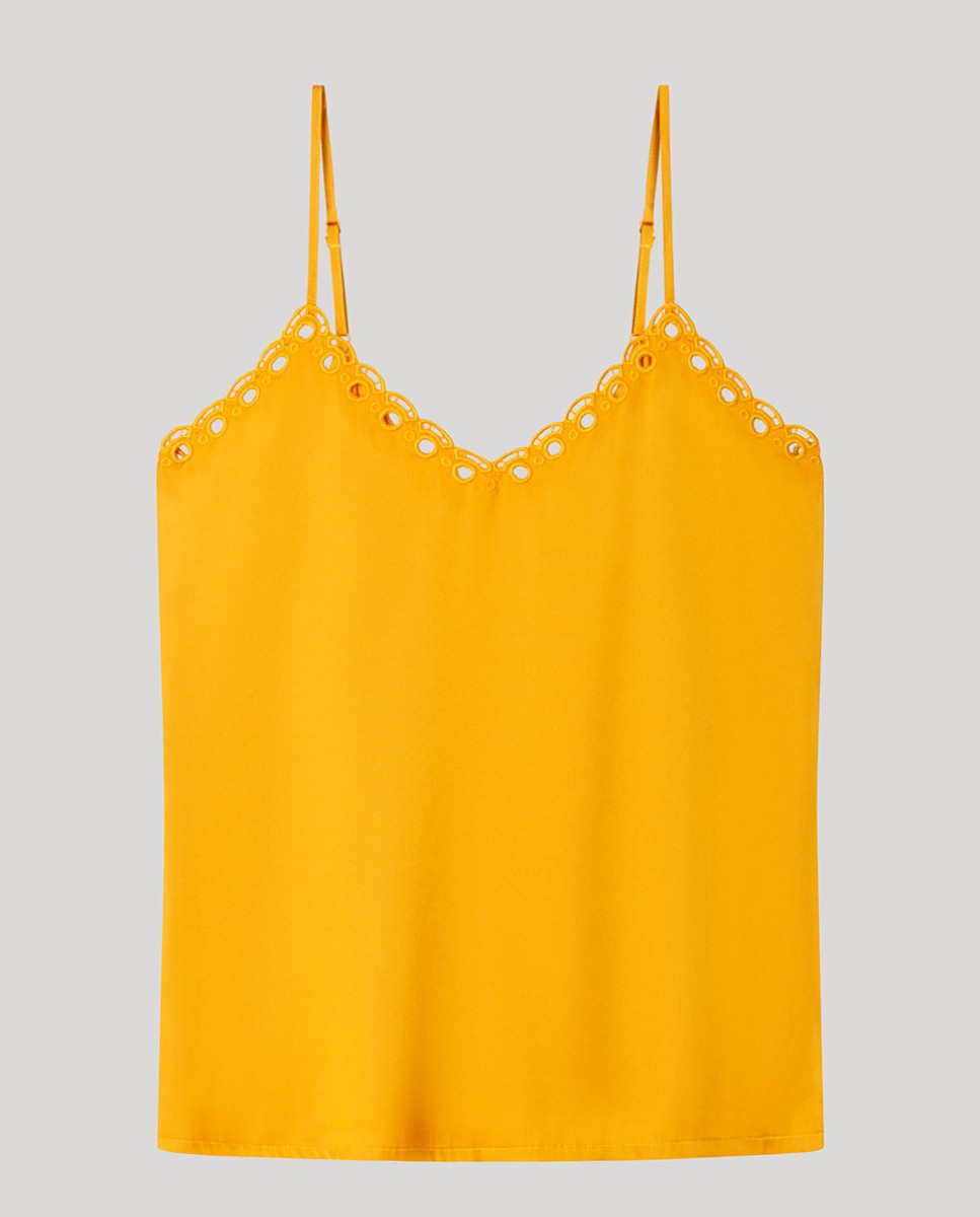 T-shirt de Alças em Tecido Acetinado Mostarda-5