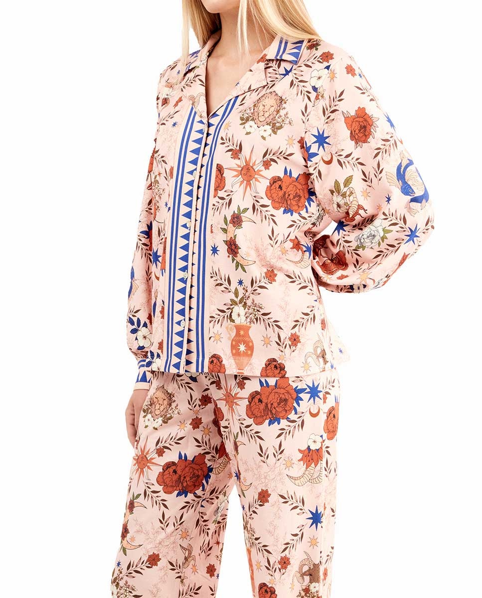 Pijama Tipo Camisa com Estampado Zodiacal Multicolor-3