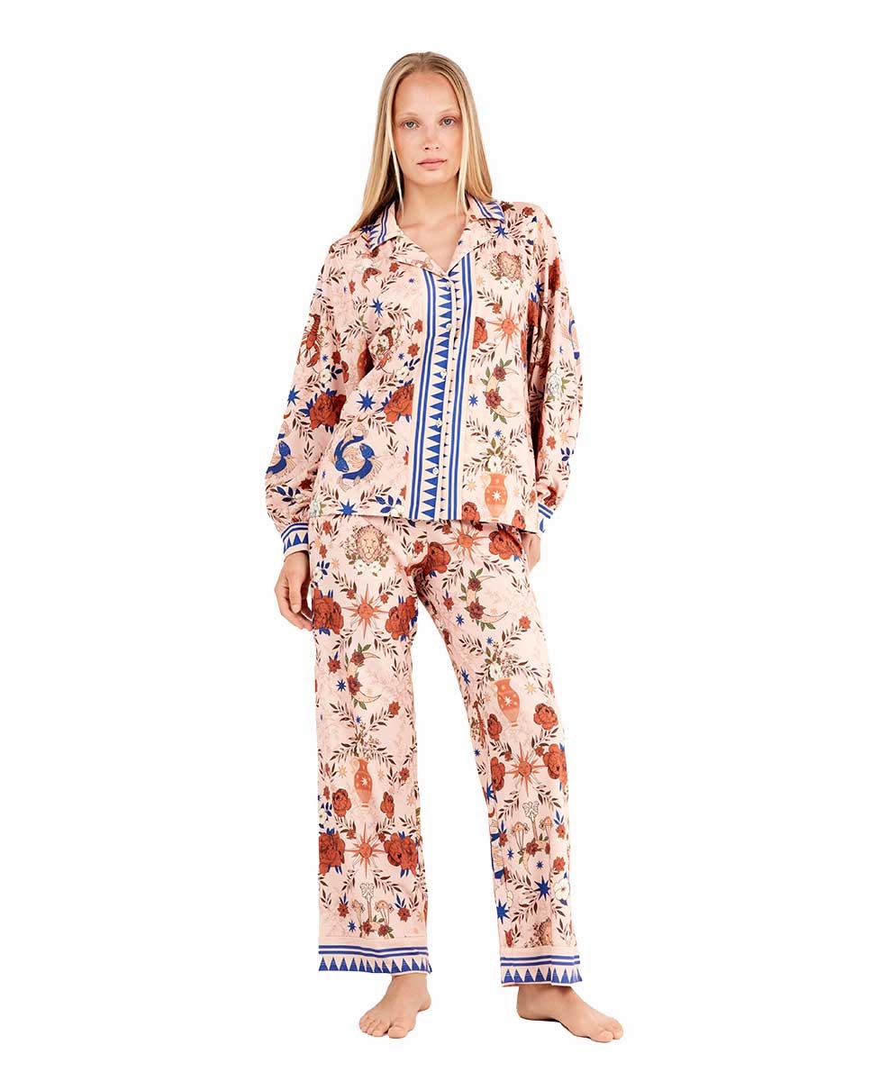 Pijama Tipo Camisa com Estampado Zodiacal Multicolor-1