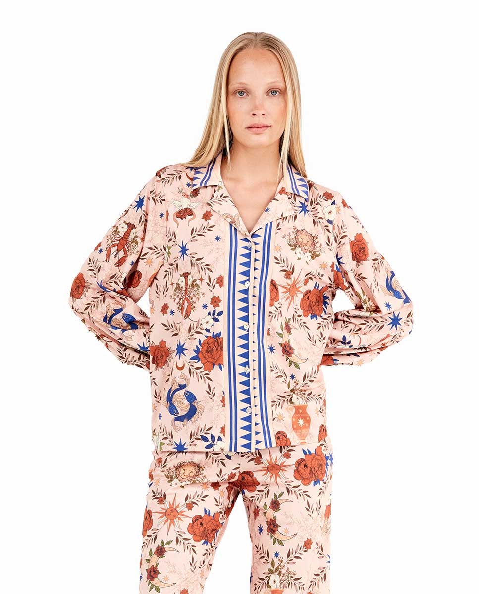 Pijama Tipo Camisa com Estampado Zodiacal Multicolor-2