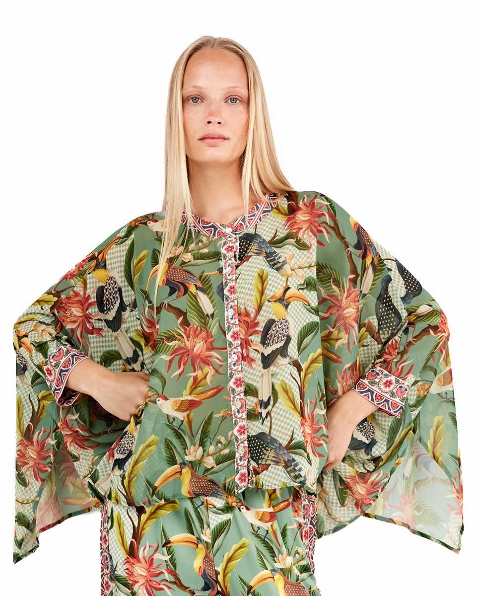 Camisa de Laterais Amplas e Estampado Tropical Multicolor-1