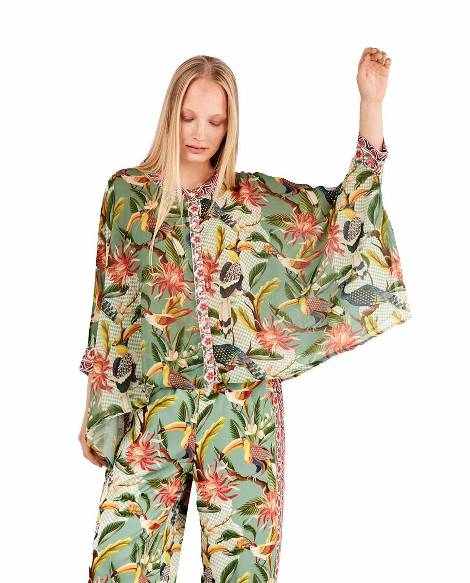 Camisa de Laterais Amplas e Estampado Tropical Multicolor-2