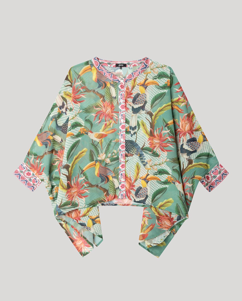 Camisa de Laterais Amplas e Estampado Tropical Multicolor-5