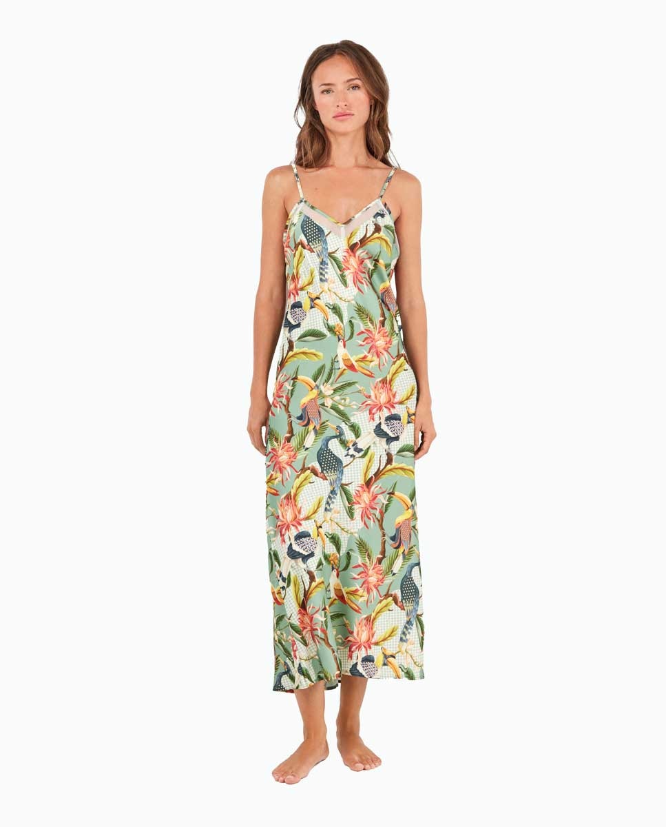 Camisa de Dormir Midi de Cetim com Estampado Tropical Exótico Multicolor-1