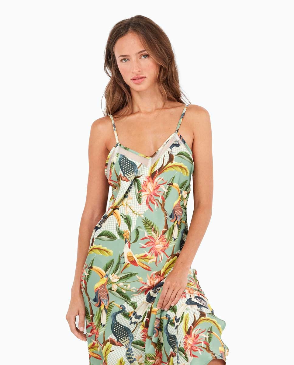 Camisa de Dormir Midi de Cetim com Estampado Tropical Exótico Multicolor-2