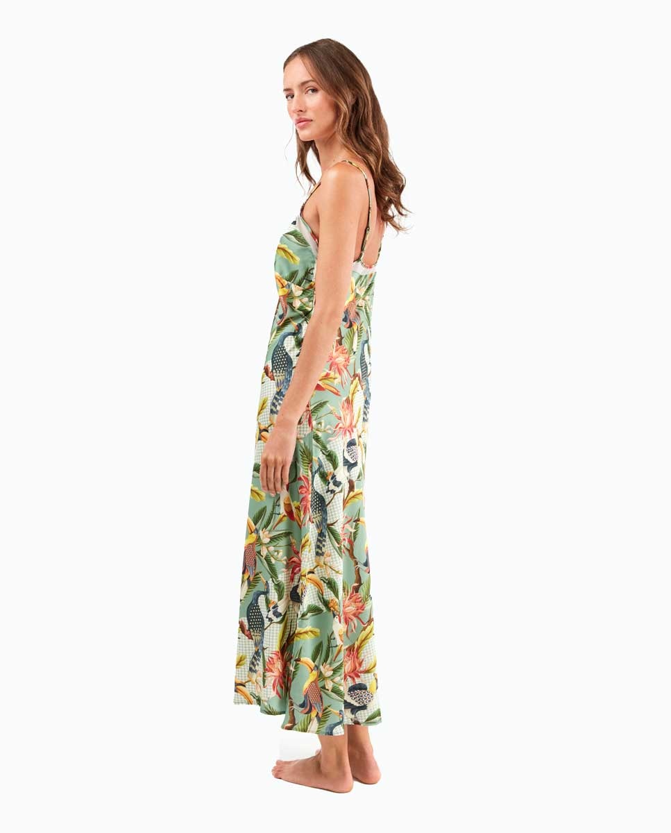 Camisa de Dormir Midi de Cetim com Estampado Tropical Exótico Multicolor-3