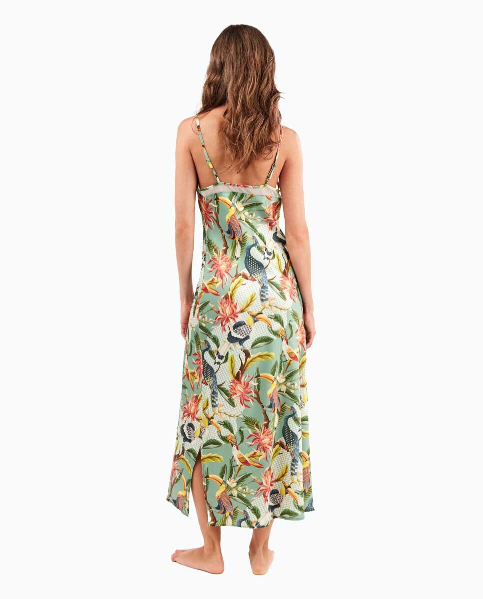Camisa de Dormir Midi de Cetim com Estampado Tropical Exótico Multicolor-4
