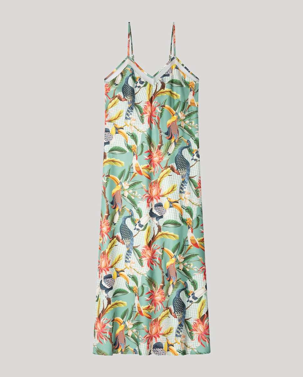 Camisa de Dormir Midi de Cetim com Estampado Tropical Exótico Multicolor-5