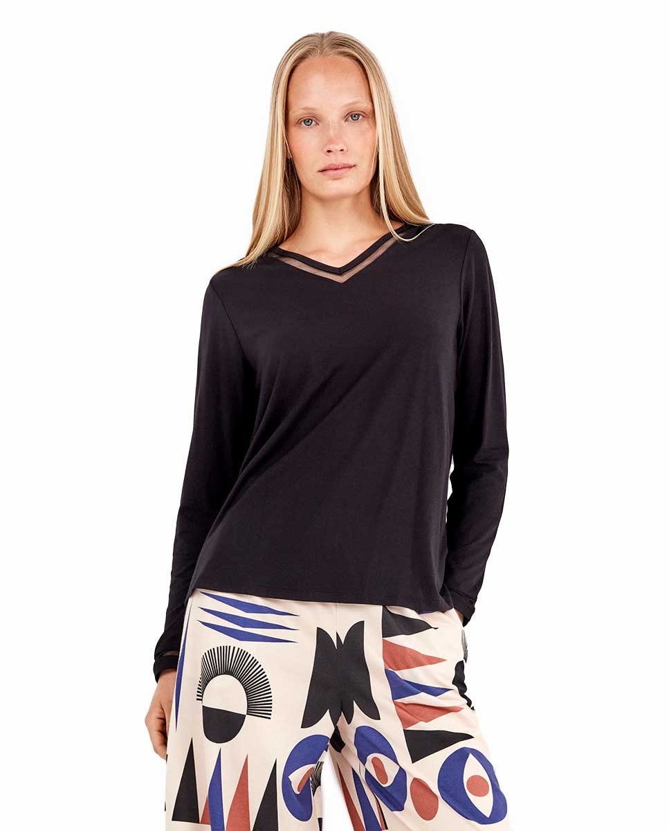 Imagem 0 de T-shirt de Pijama de Manga Comprida com Detalhe de Galão