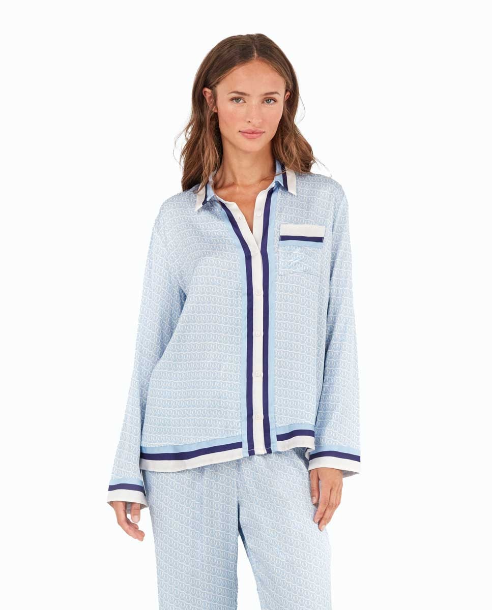 Pijama Tipo Camisa Estampado Monogram Celeste-2