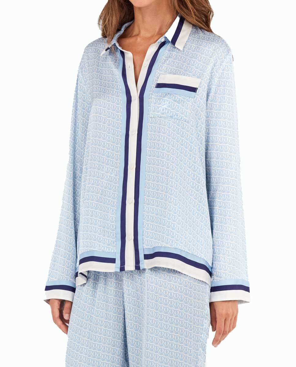 Pijama Tipo Camisa Estampado Monogram Celeste-3