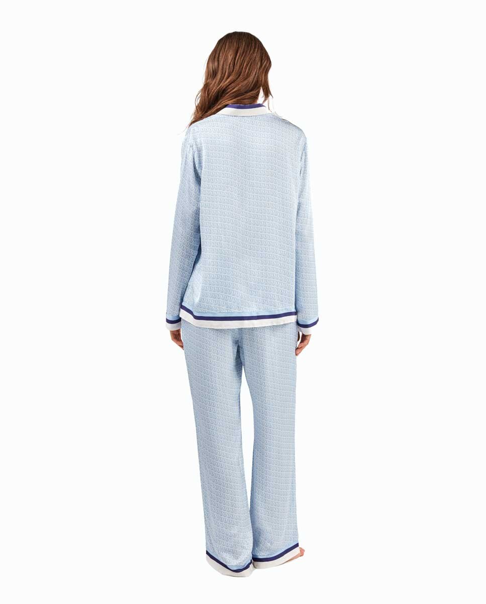 Pijama Tipo Camisa Estampado Monogram Celeste-4