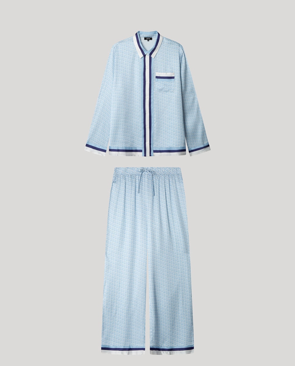 Pijama Tipo Camisa Estampado Monogram Celeste-5