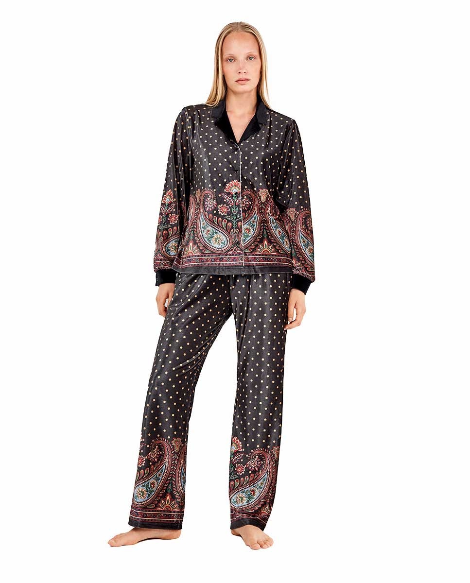 Calças de Veludo com Estampado Oriental Multicolor-2