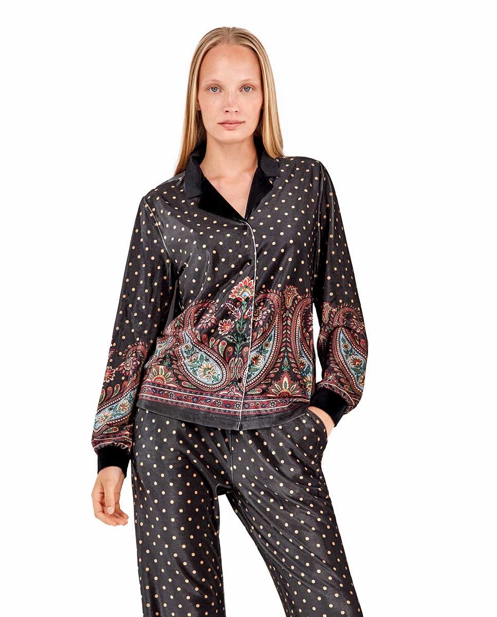 Calças de Veludo com Estampado Oriental Multicolor-4