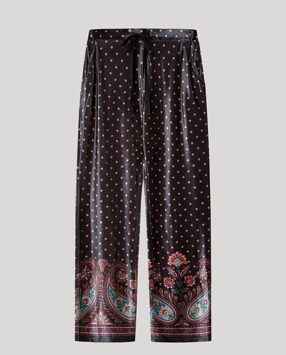 Calças de Veludo com Estampado Oriental Multicolor-5