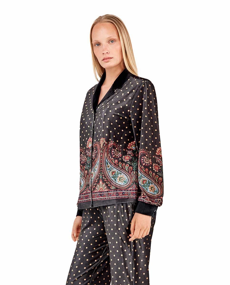 Camisa de Veludo com Bolinhas e Estampado Oriental Multicolor-2