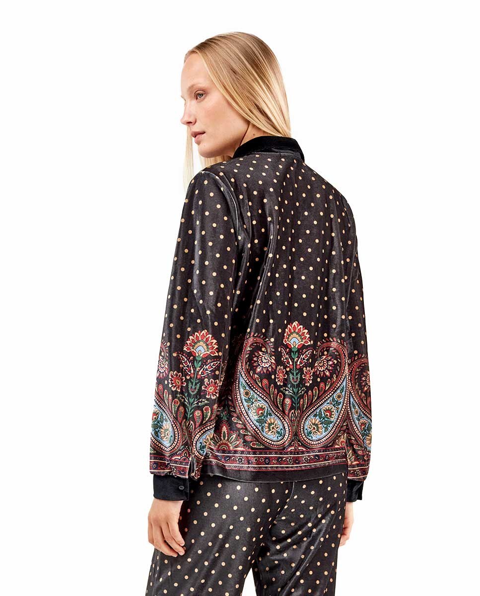 T-shirt de Pijama de Veludo com Bolinhas e Estampado Oriental Multicolor-3