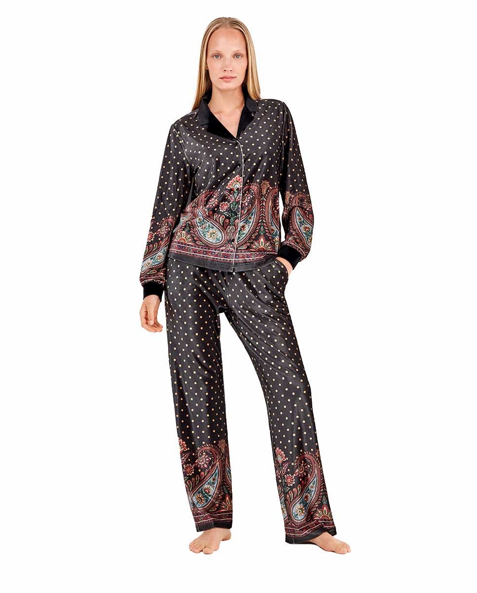 T-shirt de Pijama de Veludo com Bolinhas e Estampado Oriental Multicolor-4