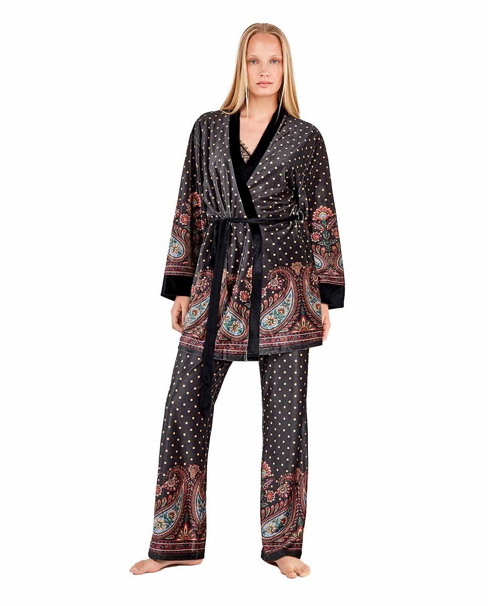 Kimono de Veludo com Estampado Oriental e Bolinhas Multicolor-1