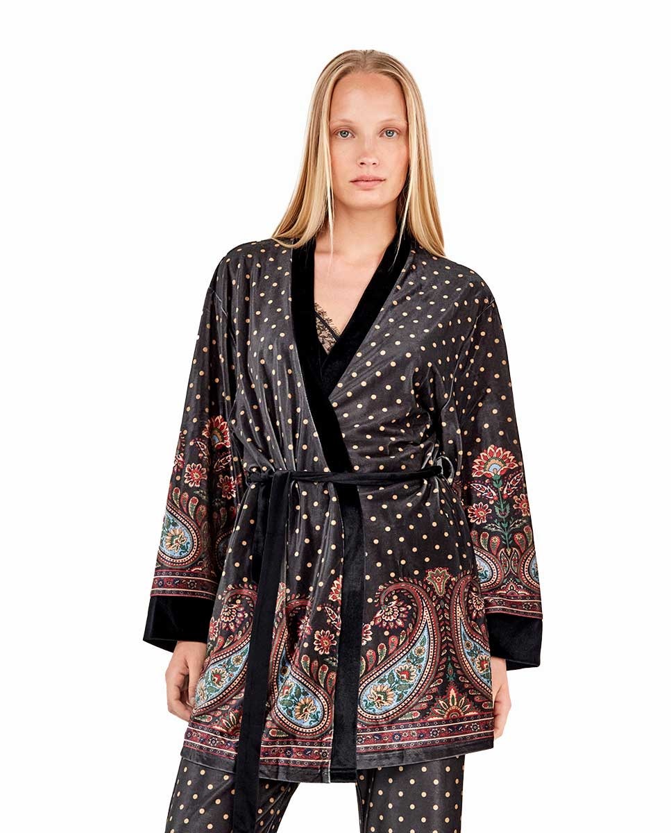 Kimono de Veludo com Estampado Oriental e Bolinhas Multicolor-2