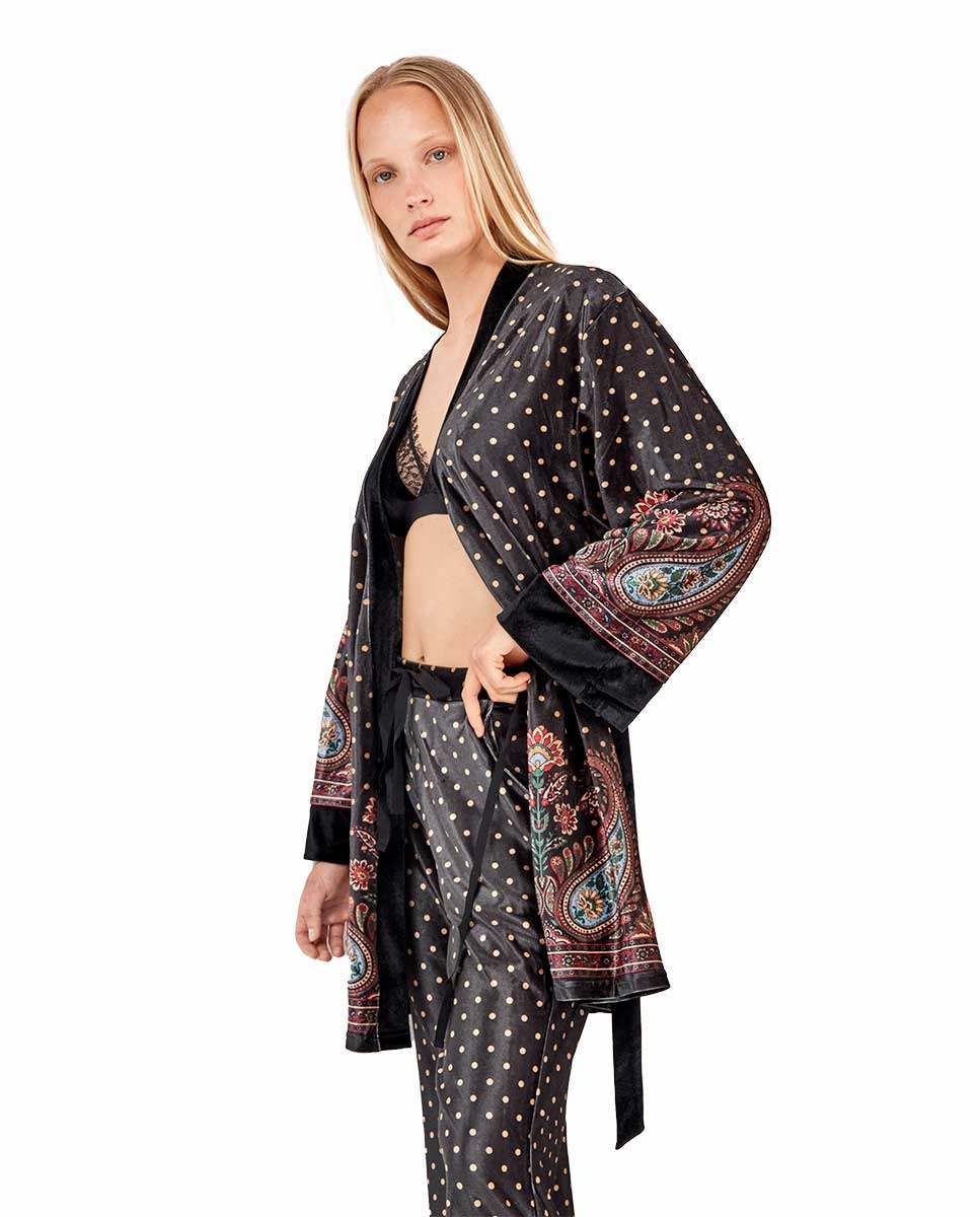Kimono de Veludo com Estampado Oriental e Bolinhas Multicolor-3