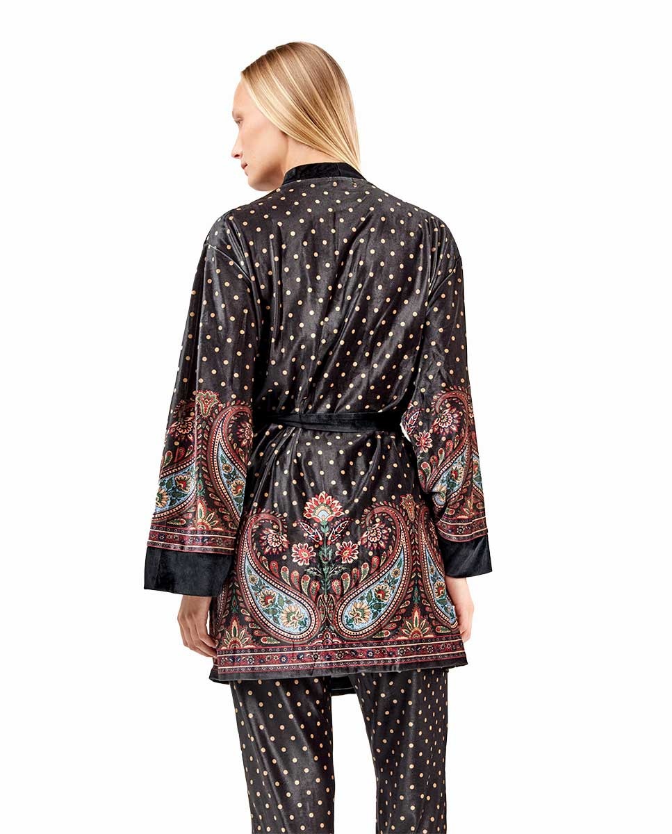Kimono de Veludo com Estampado Oriental e Bolinhas Multicolor-4