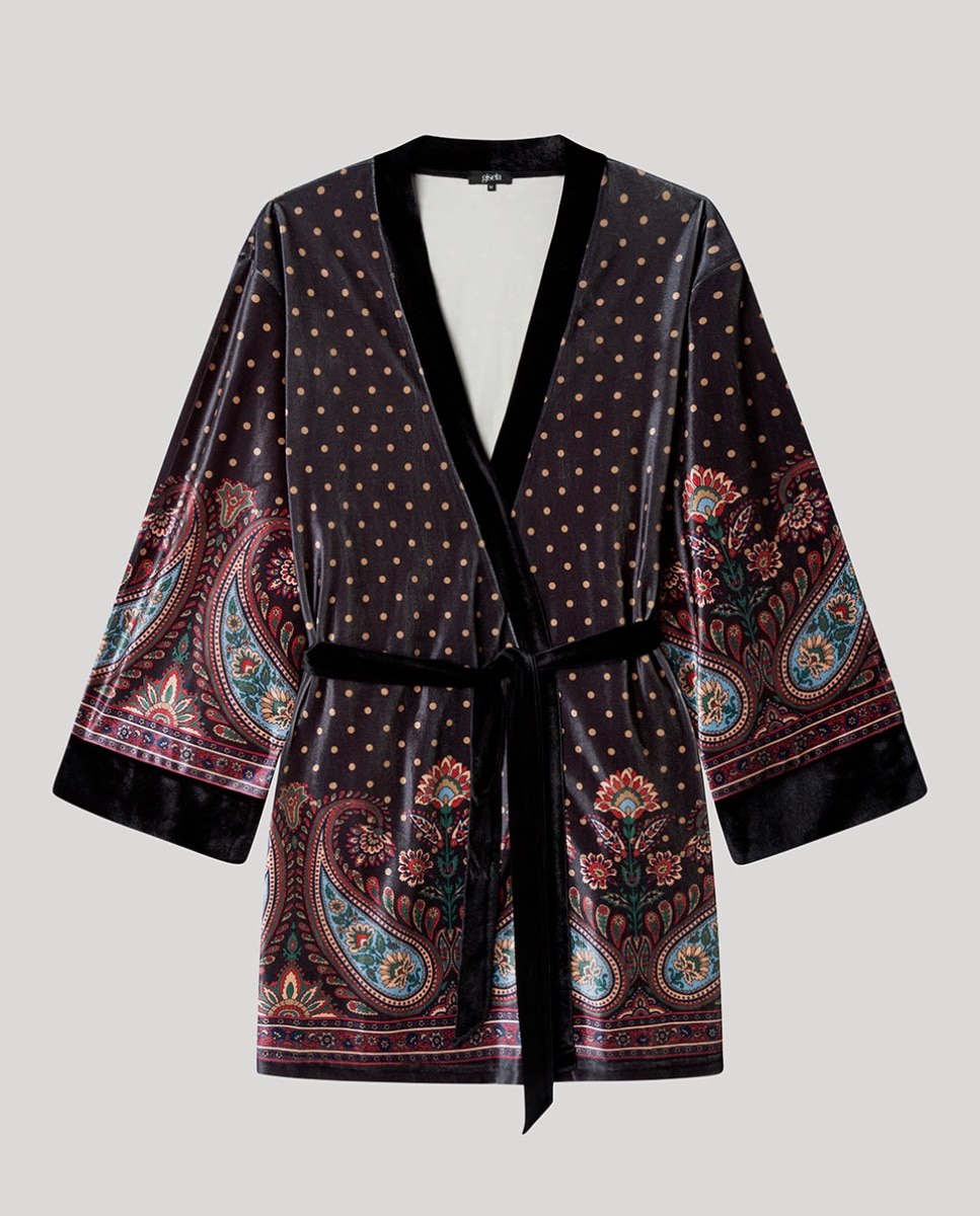 Kimono de Veludo com Estampado Oriental e Bolinhas Multicolor-5