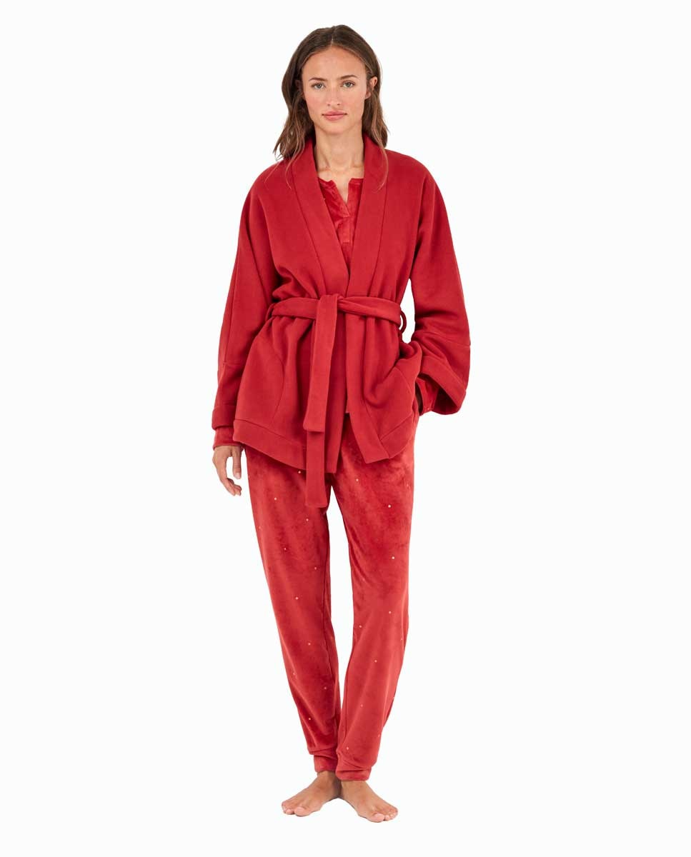 Kimono de Veludo com Estampado Oriental e Bolinhas Grená-1
