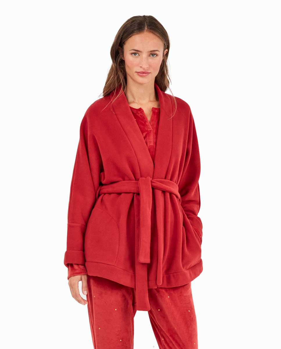 Kimono de Veludo com Estampado Oriental e Bolinhas Grená-2
