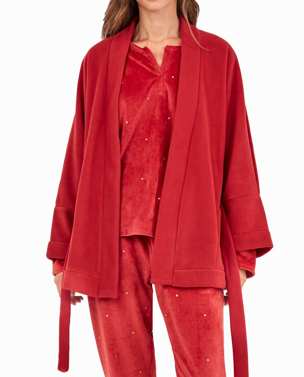 Kimono de Veludo com Estampado Oriental e Bolinhas Grená-3