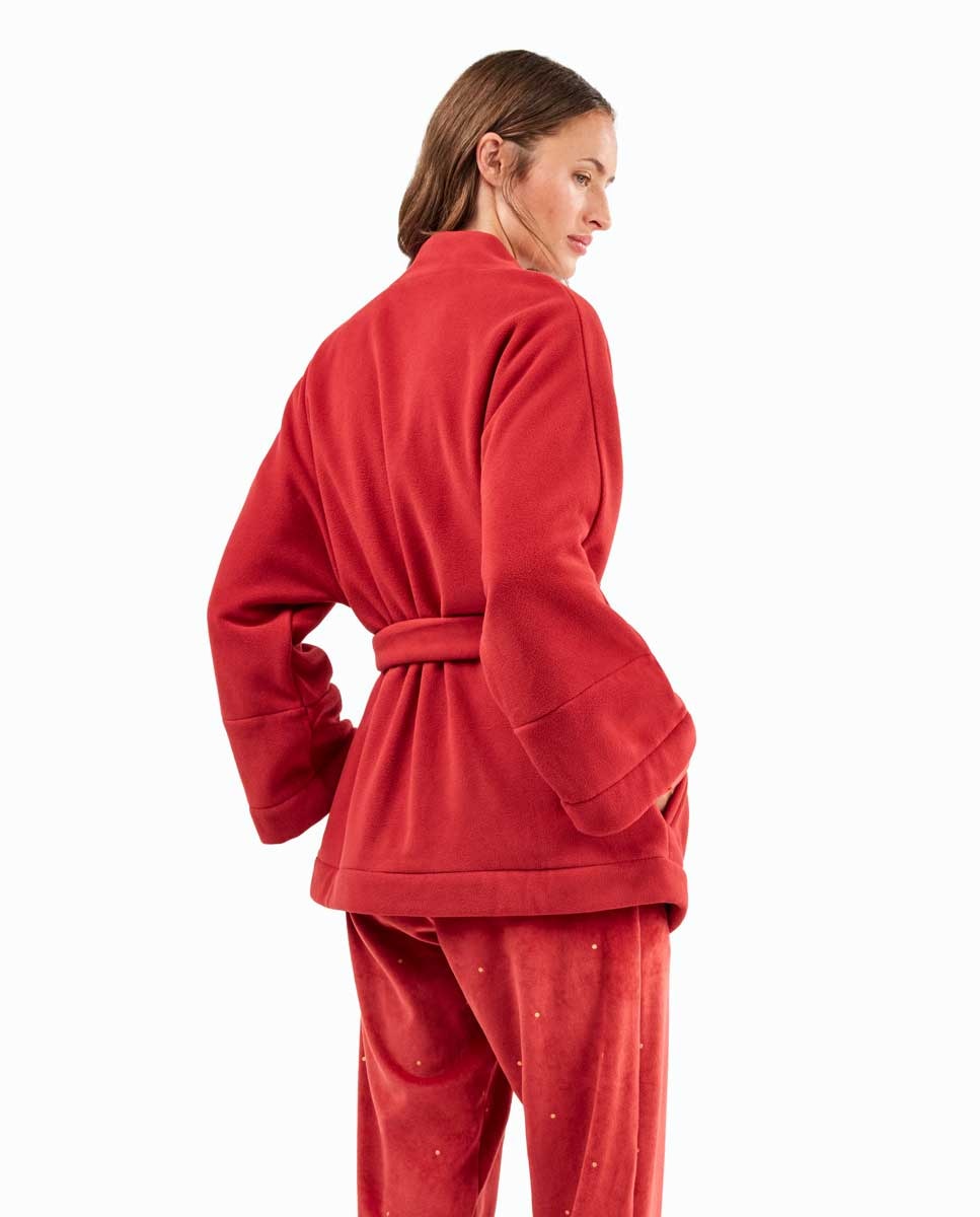 Kimono de Veludo com Estampado Oriental e Bolinhas Grená-4