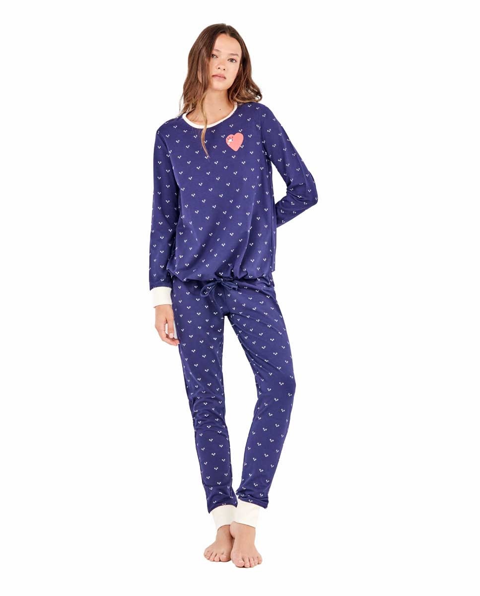 Pijama em Tecido Estampado de Corações Azul / Branco-1
