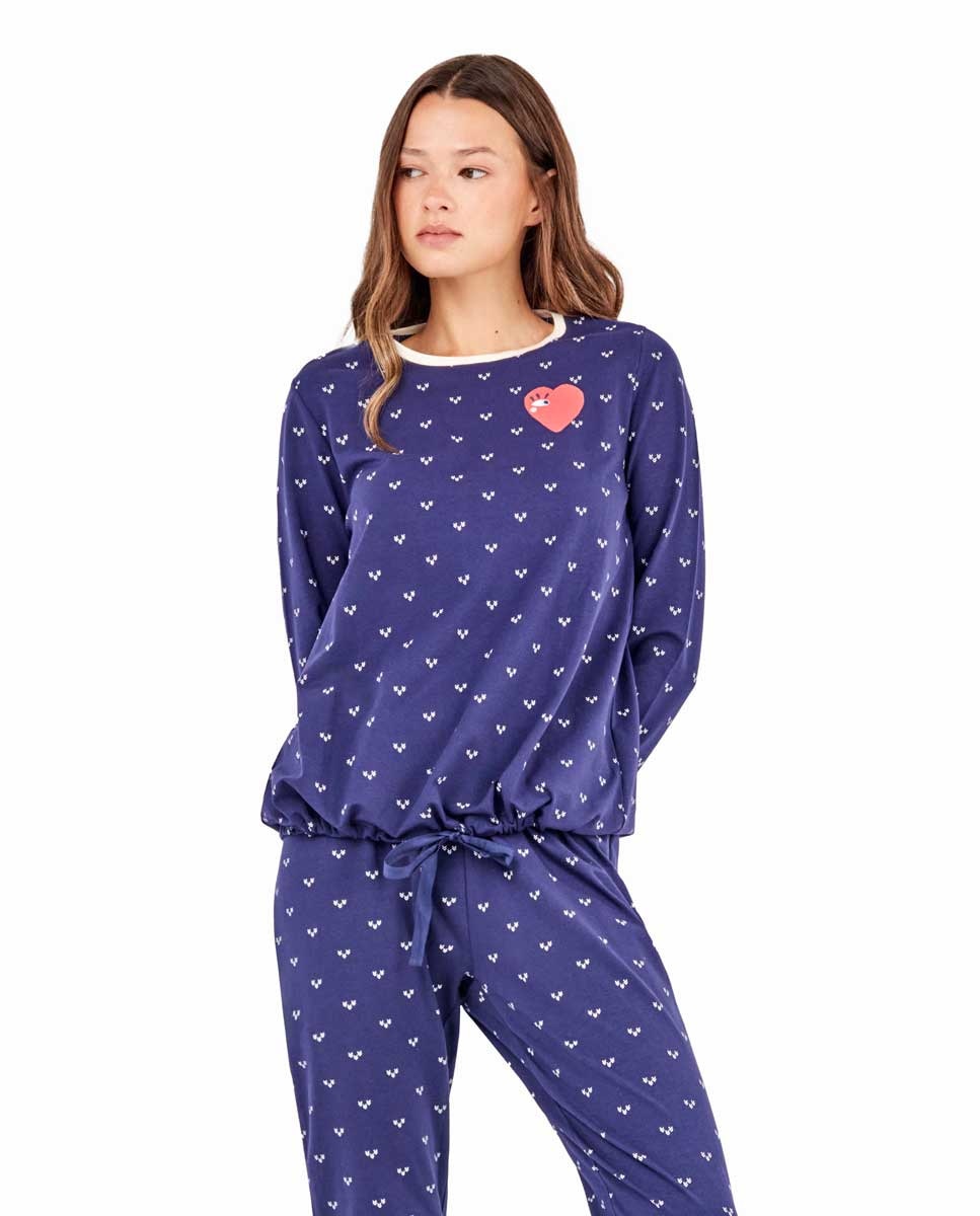 Pijama em Tecido Estampado de Corações Azul / Branco-2