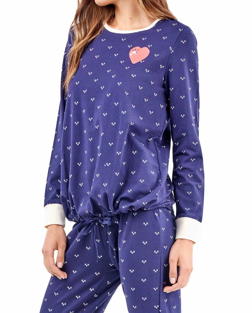 Pijama em Tecido Estampado de Corações Azul / Branco-3