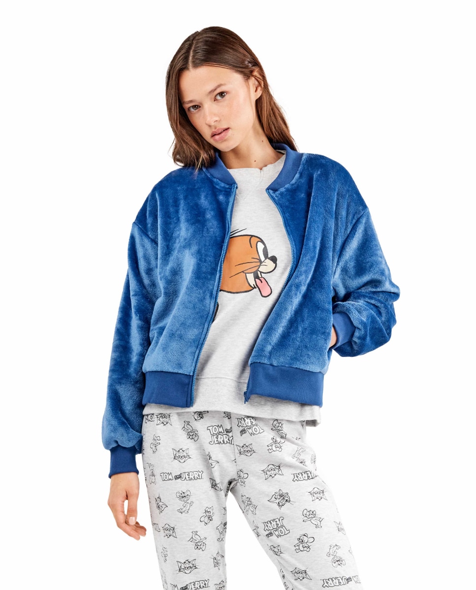 Casaco Bomber em Tecido Peluche Azul-2