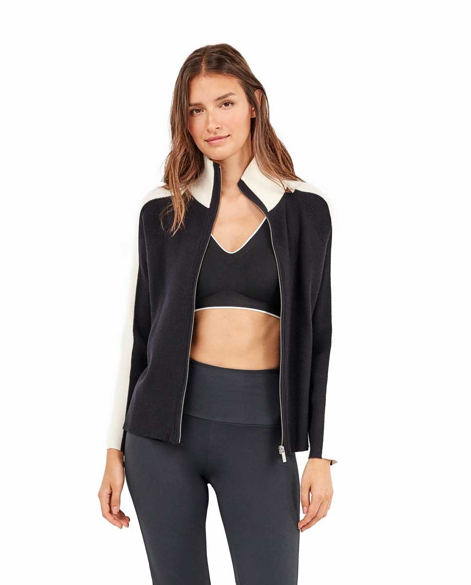 Casaco Bicolor em Tecido Tricot Preto-1