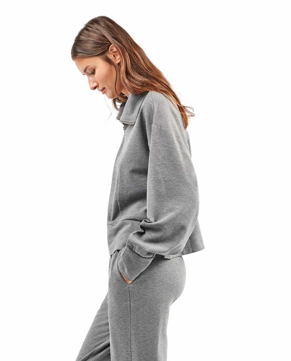 Sweatshirt Felpada com Gola Alta e Fecho Zip Duplo Cinzento-2